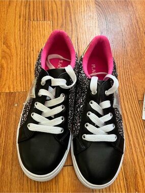 Girls' Black Glitter Lace-Up Sneakers with Pink Lining